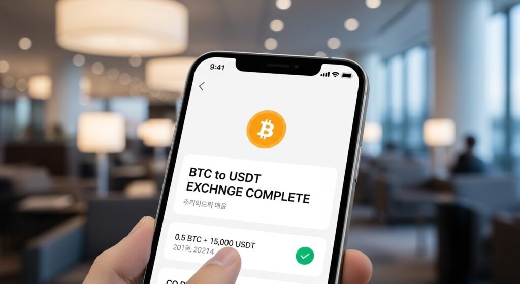 24시간 실시간으로 비트코인을 테더 USDT로 환전하여 수익을 확정한 화면